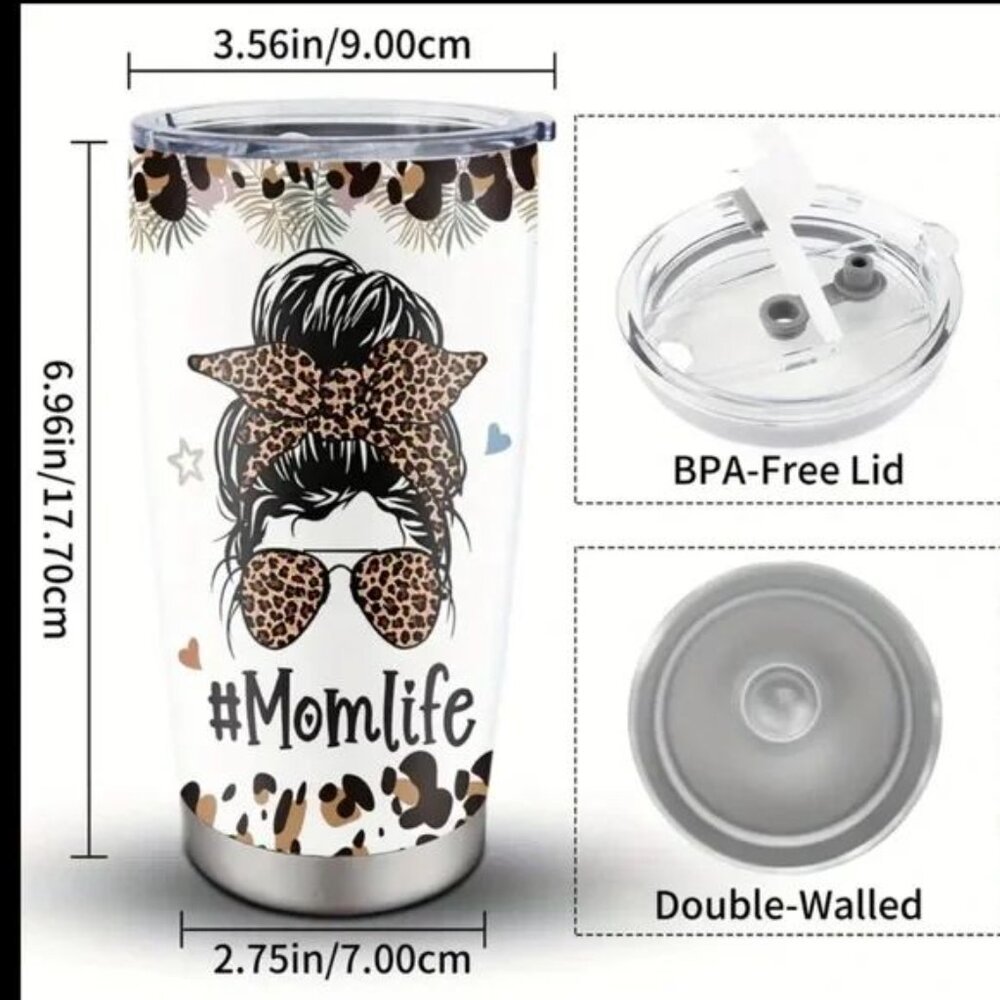 NIB  MOM LIFE LEOPARD 20oz STAINLESS STEEL TUMBLER - HOT AND COLD BEVERAGE - Picture 3 of 3